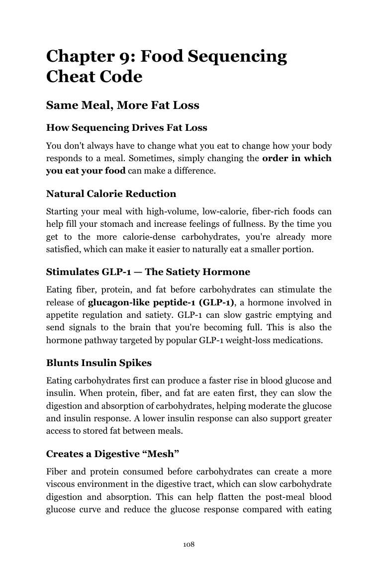 A page from Fat Loss Cheat Code explaining how food sequencing affects fat loss